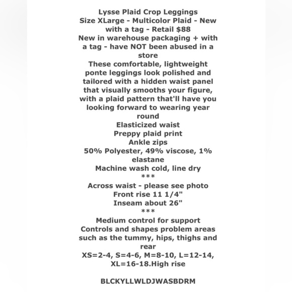 Lysse Preppy Plaid Crop Leggings XLARGE Ankle Zip Stretch Waist FLATTERING NWT - Picture 2 of 14